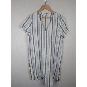 Madewell Dress Womens Medium Blue White Stripe Linen Button Side Short Sleeve